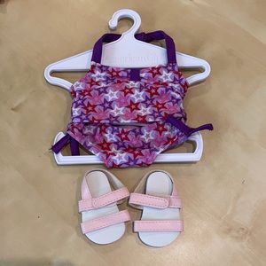 American Girl 2 pc swim suit and sandals